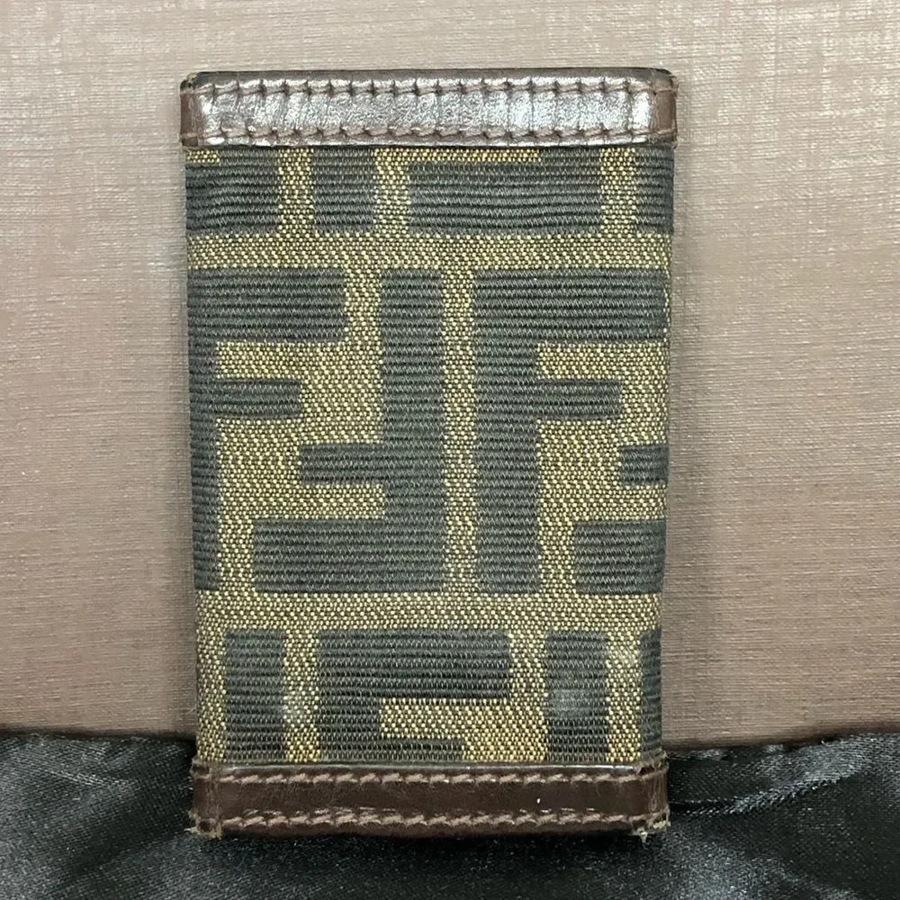 FENDI Zucca Tan Navy Canvas and Brown Leather Trim Snap Close Trifold Key Case